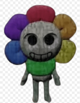 Beta design of Dandy from Roblox Dandy's World, a gray flower character with rainbow-colored petals and sunken black eyes.