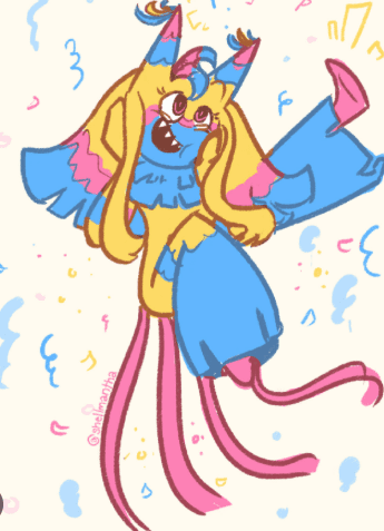 Dandy’s World Yatta fanart in a celebratory pose with colorful confetti and streamers.

