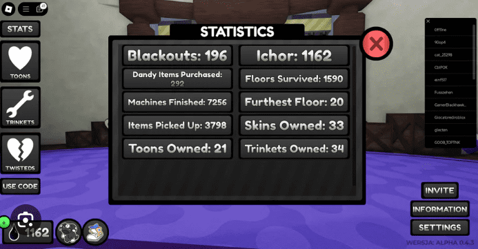 "Dandys World player achievement statistics showing blackouts, machines finished, and toons owned in Roblox"
