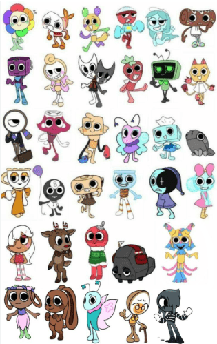alt=Grid of 36 colorful cartoon characters (Toons) from the game Dandy's World, including Dandy, Astro, Pebble, and Shelly, displayed as 2D digital art sprites.

