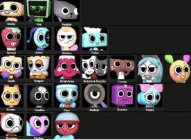 Grid of 3D character icons from Dandy’s World with labels, featuring Shelly, Vee, Pebble, Sprout, Astro, and others on a dark background