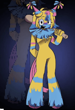 Humanoid Yatta fanart from Dandy's World holding a baseball bat in a stylized circus outfit.
