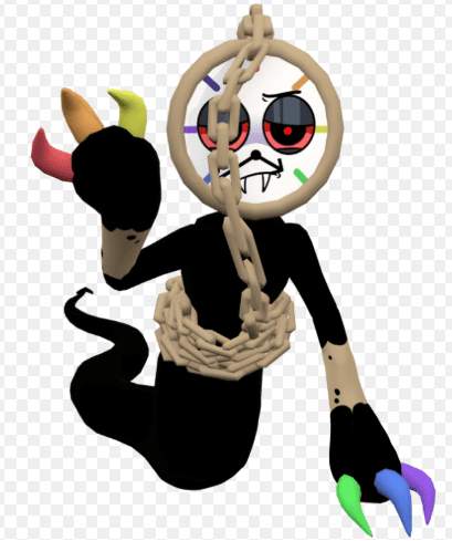 Twisted Dyle 3D model with clock face, chains, and rainbow claws from Dandy's World.

