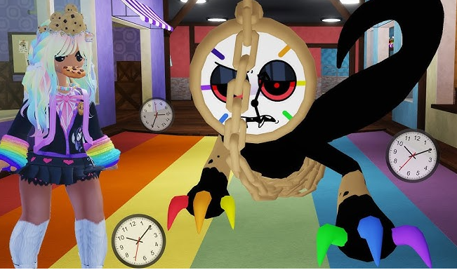 Twisted Dyle monster with a clock face and snake body chasing a Toon in Roblox Dandy's World