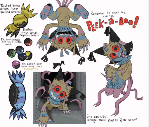 Twisted Yatta character concept art with a patchwork, ragdoll aesthetic and large, glowing red eyes.
