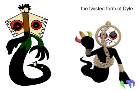 Twisted Dyle and Twisted Toodles character design comparison in Roblox Dandy's World.

