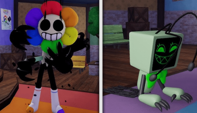 Twisted Dandy and Twisted Vee Dandys World Roblox gameplay screenshot showing corrupted toon forms in-game
