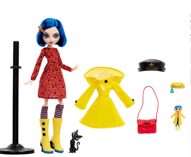 Monster High Skullector Doll, Coraline Collectible in Yellow Raincoat with Dress and Accessories Like Rag Doll, Cat Figure, and Doll Stand
